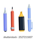 Pens, pencil, markers vector set isolated on green background, ballpoint pens, lead orange dot pen with red rubber eraser, flat biro pen and pencils, stationery set cartoon illustration design