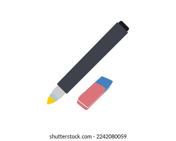 Pens, pencil, markers vector set isolated on White background, ballpoint pens, lead orange dot pen with red rubber eraser, flat biro pen and pencils, stationery set cartoon illustration design .