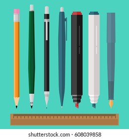 Pens, pencil, markers vector set isolated on background, ballpoint pens, lead orange dot pen with red rubber eraser, flat biro pen and pencils, stationery set cartoon illustration design