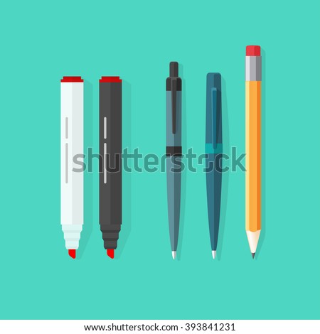 Pens, pencil, markers vector set isolated on green background, ballpoint pens, lead orange dot pen with red rubber eraser, flat biro pen and pencils, stationery set cartoon illustration design