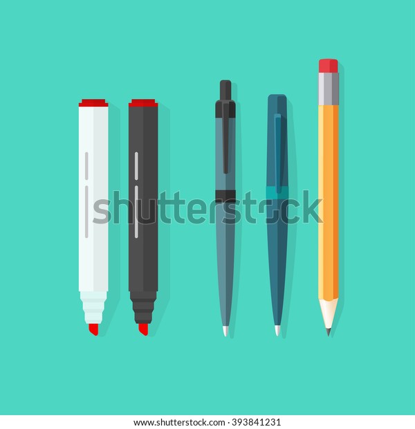 緑の背景にペン 鉛筆 マーカーのベクター画像セット ボールペン 赤いゴム消しゴムと鉛色のオレンジのドットペン 平らなビロペンと鉛筆 文房具セットの漫画の イラストデザイン のベクター画像素材 ロイヤリティフリー