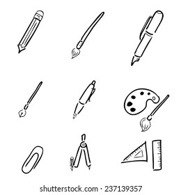 Pens pencil stationery drawing icons set