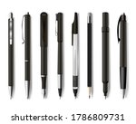 Pens and pencils assortment realistic mockups set. Stationery collection for office, school, college, university. Writing, drawing supplies, implements. Vector pens illustration isolated on white.