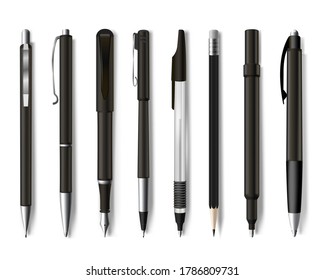 Pens and pencils assortment realistic mockups set. Stationery collection for office, school, college, university. Writing, drawing supplies, implements. Vector pens illustration isolated on white.