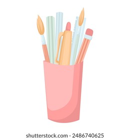 Pens, pencils, brushes, ruler in a red cup. Office tools. School supplies in pastel shades. Pencil case. Flat vector illustration isolated on white background