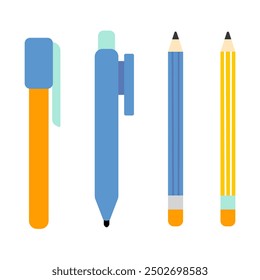 Pens and pencils cartoon icon set illustration in flat style. Stationery, office and school supplies. 