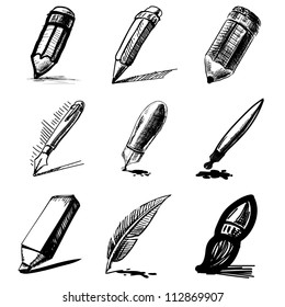 Pens and pencils collection .Hand drawing sketch vector set