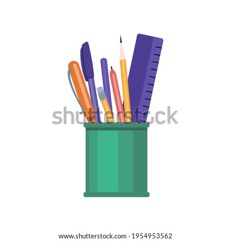 Pens, pencils, eraser, ruler in a green cup. Office supplies. School supplies. Pencil box. Flat vector illustration.