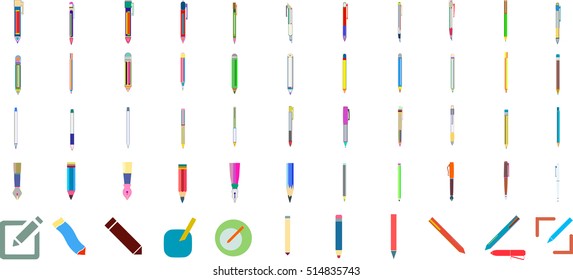 Pens and pencils. Flat Design vector icon set.
