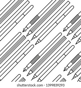 Pens and pencils are isolated on white background. Black and white pattern. Vector graphic.