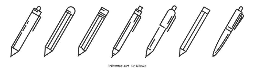 Plumas y lápices aislados. Juego de iconos de herramientas de escritura. Ilustración vectorial. Plantillas lineales de bolígrafos y lápices