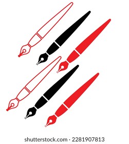 Pens and pencils isolated. Writing tools icons set. Vector illustration. Linear templates of ballpens and pencils.