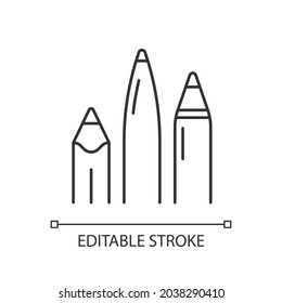 Pens and pencils linear icon. School supplies. Writing instrument. Use for drawing and sketching. Thin line customizable illustration. Contour symbol. Vector isolated outline drawing. Editable stroke