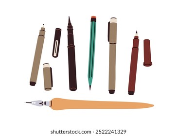 Pens, pencils and liners, drawing and calligraphy tools. Writing and sketching art supplies, stationery. Creative craft, calligraphic accessories. Flat vector illustration isolated on white background