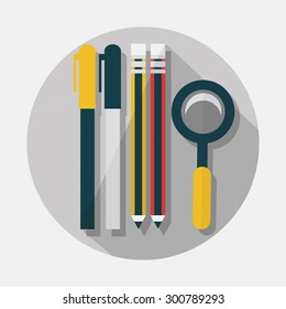 Pens, pencils, and magnifying glass icons with long shadow on gray background - Modern flat design