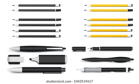 Pens, Pencils, Markers And Textliner. Most Popular Writing Materials For Corporate Identity Mockups. Vector Illustration.