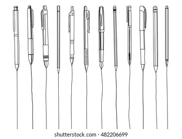 Pens and pencils in a row, contour illustration. Isolated on white.