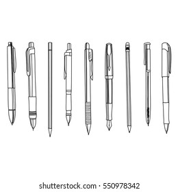 Canetas e lápis em uma fileira, ilustração de contorno. Isolado em branco.