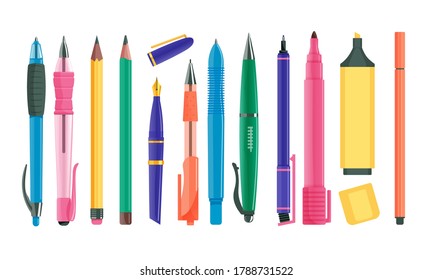 Pens and pencils set. Isolated ballpoint and fountain ink pen, marker, drawing pencil icon collection. Business office or school education stationery vector illustration