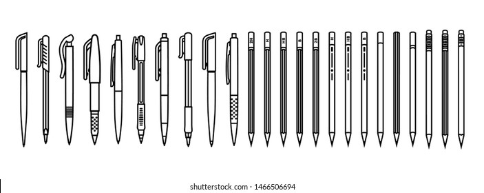 Pens and pencils set. Outline writing supplies on white background. Vector illustration.