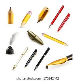Pens and pencils, set vector icons