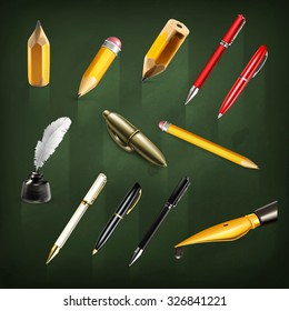 Pens and pencils, set vector icons