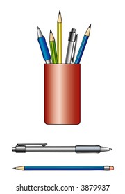 Pens and pencils of various colours