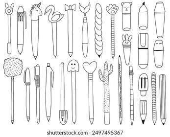 Pens and pencils vector doodle set. Different shapes of pens and markers vector hand drawn set