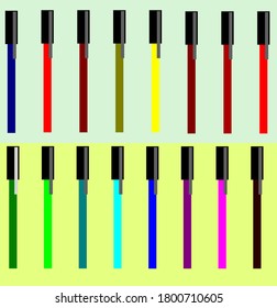 Pens in red, blue, yellow, green and many different colors. Colorful pencils