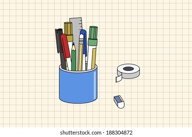 pens and stationery isolated vector illustration.
