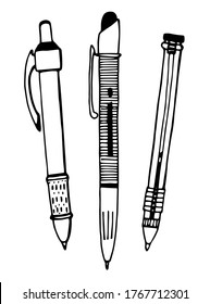 Pens. Vector doodle school icons and symbols isolated on a white background.  Hand drawn clipart.