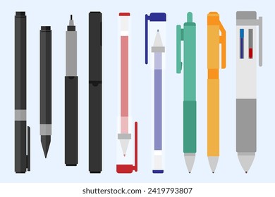 Conjunto de vectores de plumas aislado, bolígrafos de punto, bolígrafo de punto, pluma plana, pluma multicolor, diseño de ilustración de dibujos animados de papel, herramientas para dibujar.