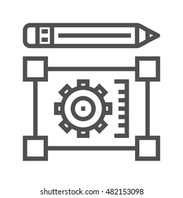 Pensil with Blueprint Thin Line Vector Icon Isolated on the White Background.