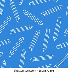 Pensil line seamless pattern. School supplies, education accessories pencils, white doodle cartoon isolated on blue background creative design textile, wrapping paper wallpaper vector texture
