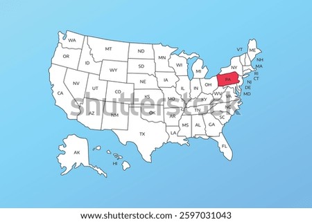 pensilvania vector map isolated on United states map. Editable blank vector map of USA