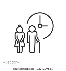 icono de la edad de jubilación, tiempo de jubilación, hombre y mujer pensionista con reloj, símbolo de línea delgada sobre fondo blanco - vector de trazo editable eps10