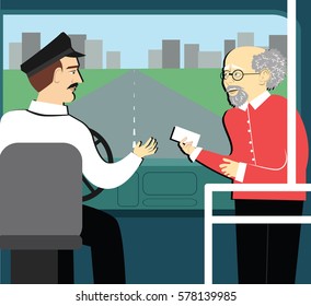 pension benefits. retired man in the bus reaches a ticket to driver