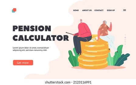 Pension Calculator Landing Page Template. Happy Senior Characters Sitting On Huge Pile Of Golden Coins. Financial Wealth, Savings, Grandparents Wealthy Retirement. Cartoon People Vector Illustration