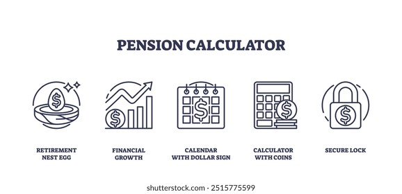 Pension calculator and retirement money savings outline icons collection set. Labeled elements with elderly financial growth, secured life savings deposit and assets counting vector illustration.