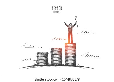 Concepto de pensión. Hombre mayor dibujado a mano encima de la pila de monedas. Pieza de pensionista en montones de dinero aislado ilustración vectorial.