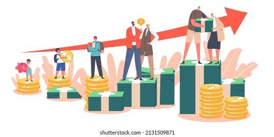 Pension Deductions by Year, Passive Income, Profit, Retirement Budget Concept. Baby, Kid, Student, Married and Senior Couple Characters Stand on Growing Money Chart. Cartoon People Vector Illustration