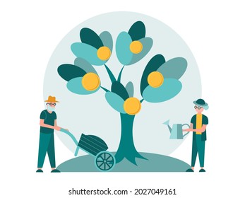 Pension deposits, income growth for the elderly, social assistance for the elderly. A couple of retirees and a tree with coins in the background. Concept vector illustration.