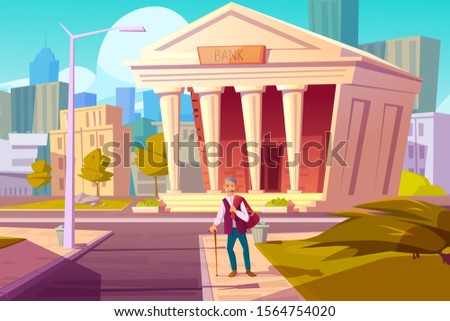 Pension fund, bank saving money cartoon vector concept. Happy senior man with savings, big bag with dollar sign walking along city street. Retirement care investment, pensioner insurance banner