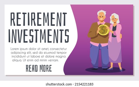 Pension fund banner with cartoon smiling old people. Retirement investment concept for older couples. Pensioners open bank deposit, make investment in vector illustration isolated