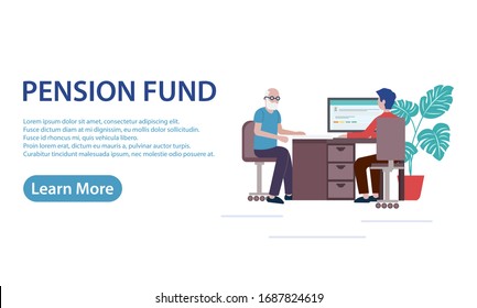 Vector de Concepto de Caja de Pensiones Un jubilado anciano en una recepción de oficina sobre ahorros de jubilación
