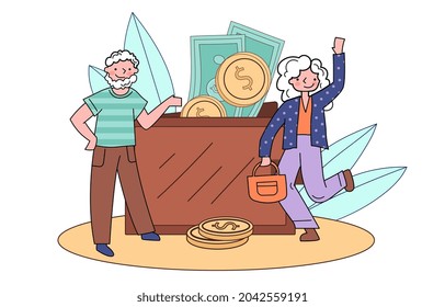 Pension fund concept. Elderly man and woman happy with their savings. Prosperous financial situation in old age. Wallet with money. Cartoon flat vector illustration isolated on white background