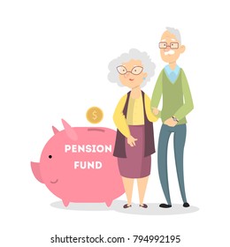 Pension fund concept. Grandparents with piggy bank and savings.