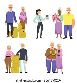 Pension fund concept with old people cartoon characters. Elderly couples make investments, take care of finances, save money, budget. Retired women, men in vector illustration isolated on white.