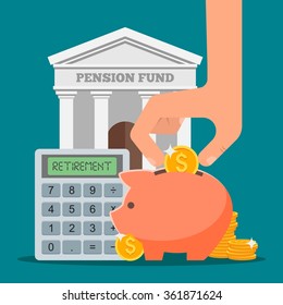 Pension fund concept vector illustration in flat style design. Finance investment and saving background with bank facade and money coins. 