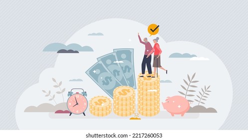 Pension fund and deposited finances for elderly times tiny person concept. Financial plan with income part deposit for senior retirement vector illustration. Investment in elder welfare security.